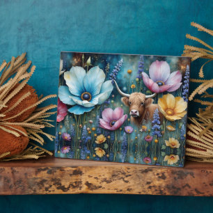 Plaque Photo Highland Cow Floral Coloré Cosmos Tapestry