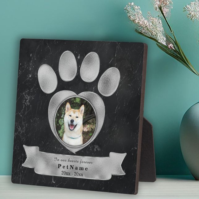Plaque Photo Hommage mémorial pour animal familier Marbre noir  (Pet Memorial Tribute Faux Black Marble Silver Paw Plaque)