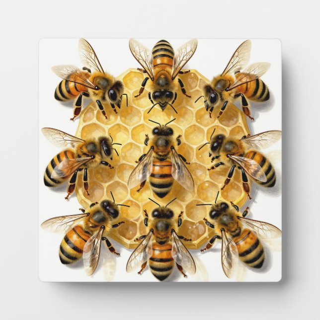 Plaque Photo Honey Bees on Hexagonal Honeycomb Circle (Devant)