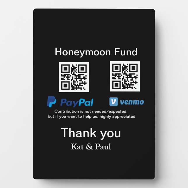 Plaque Photo Honeymoon Fund PayPal Venmo QR code Merci (Devant)
