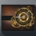 Plaque Photo Horloge Steampunk avec des engrenages anciens<br><div class="desc">Montres anciennes et fantastiques avec des engrenages dorés et laiton sur un arrière - plan brun et rouillé. Style Steampunk.</div>