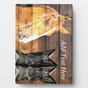 Plaque Photo Horse Cowboy Boots Rustic Barque