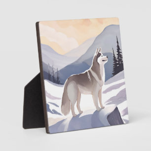 Plaque Photo Husky d'Alaska Aquarelle de montagne de chien