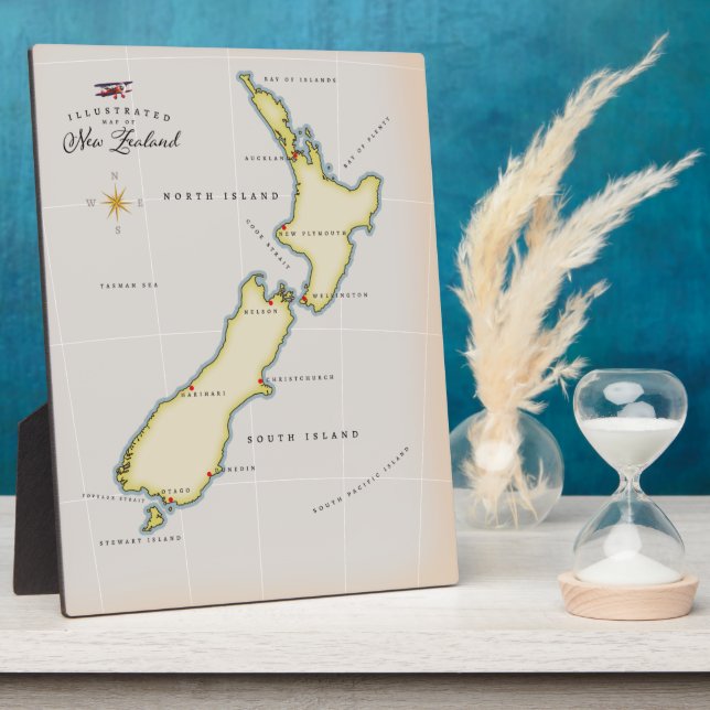 Plaque Photo Illustrated map of New Zealand (Côté)