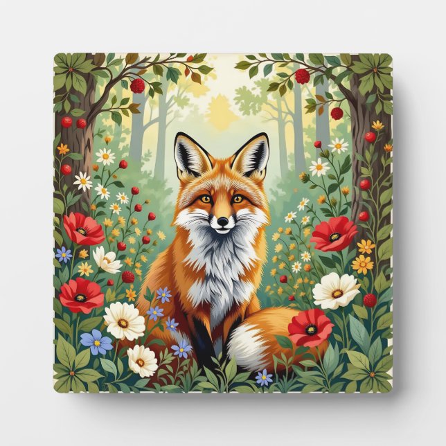 Plaque Photo Illustration de renard dans une forêt de fleurs sa (Devant)