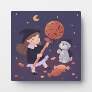 Plaque Photo Illustration Halloween Witch Girl & Puppy