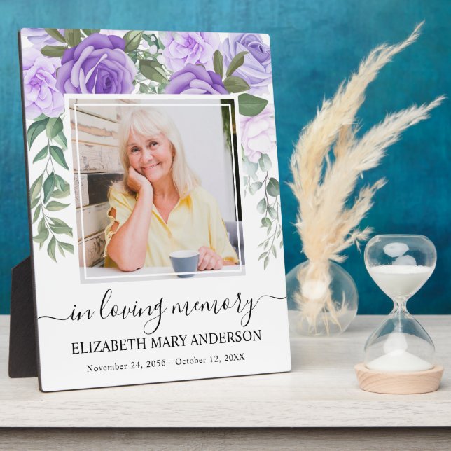 Plaque photo « In Memoriam » fleurs violettes (Côté)