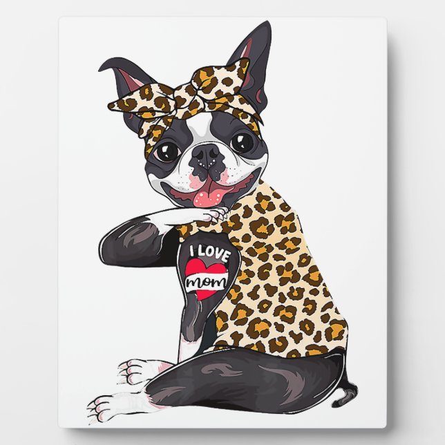 Plaque Photo j'aime maman tattoo boston terrier chien maman mam (Devant)