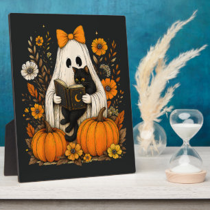 Plaque Photo Joli Chat Noir Fantôme Lisant un Livre Halloween