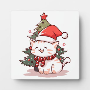 Plaque Photo Joli chat portant un chapeau de Père Noël près de