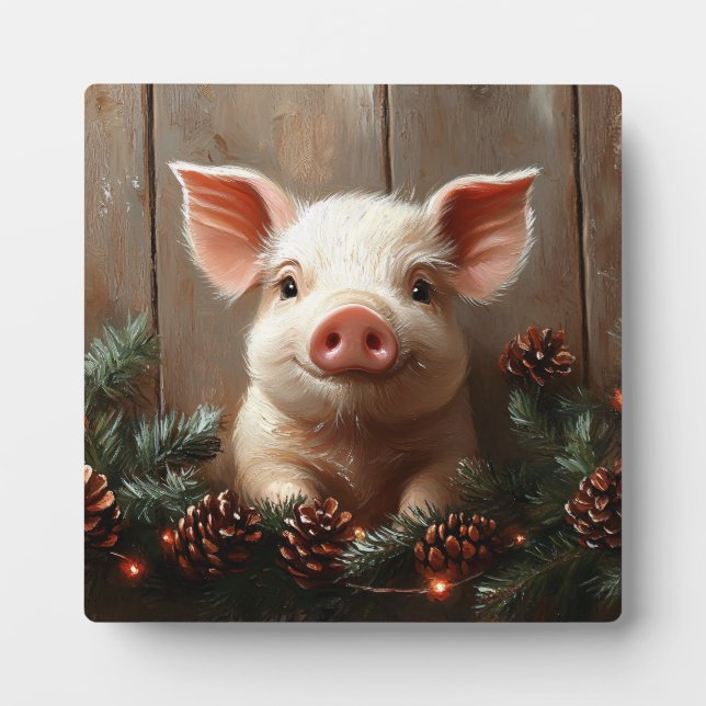 Plaque Photo Joli cochon de Noël peinture rustique (Devant)