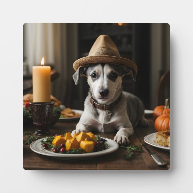 Plaque Photo Joli Whippet Puppy Pilgrim Casquette Thanksgiving  (Devant)