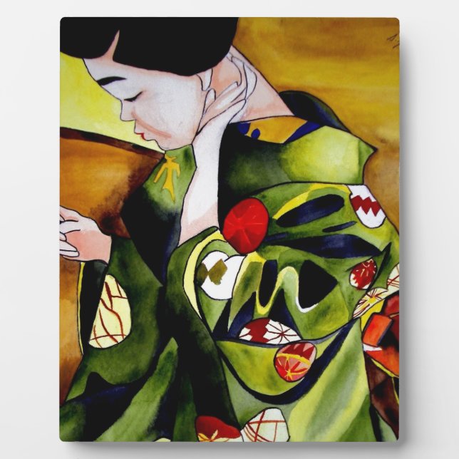 Plaque Photo Jolie geisha avec kimono vert art original (Devant)