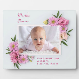 Plaque Photo Jolie photo de bébé fille à l'aquarelle florale ro