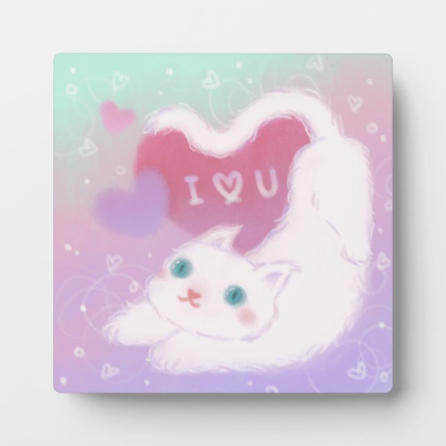Plaque Photo Joyeuse Saint-Valentin avec un chat blanc duveteux (Devant)