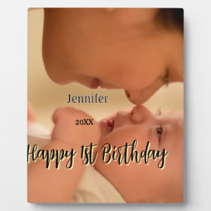 Plaque Photo Joyeux 1er anniversaire enfants bébé mère noir jau