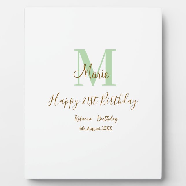 Plaque Photo Joyeux 21e Anniversaire vert ajouter nom monogramm (Devant)