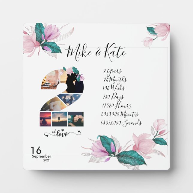 Plaque Photo Joyeux 2e anniversaire, Collage photo personnalisé (Devant)