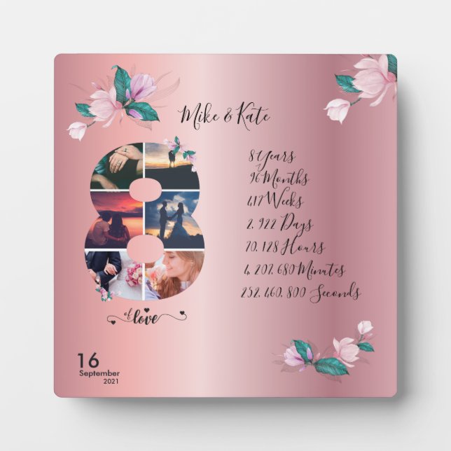 Plaque Photo Joyeux 8e anniversaire, collage photo personnalisé (Devant)