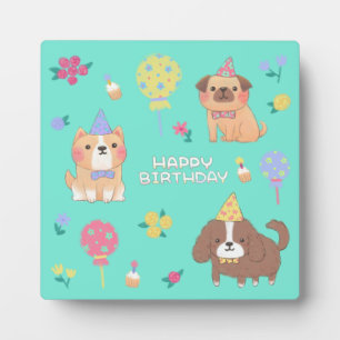 Plaque Photo Joyeux anniversaire : Chiens, Ballons et Fleurs