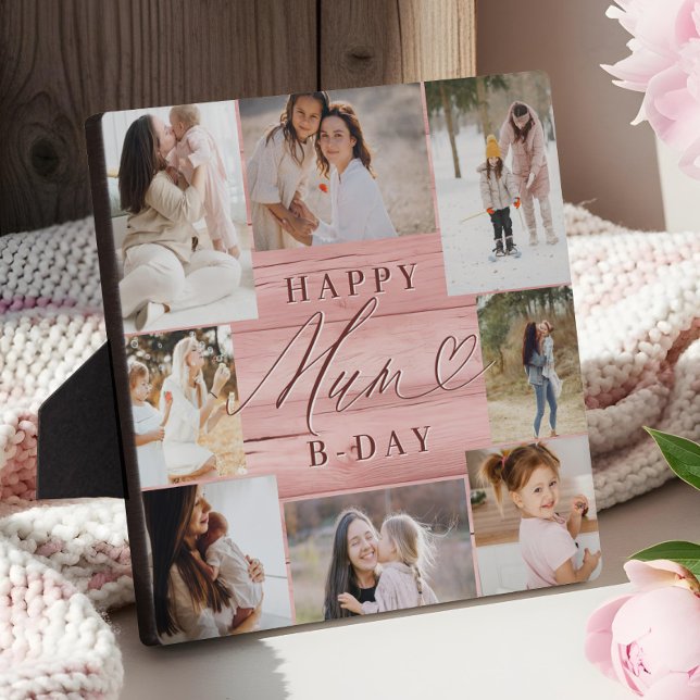 Plaque Photo Joyeux anniversaire maman photo Collage Pink Woodg (Happy Birthday Mum Photo Collage Pink Woodgrain Plaque)