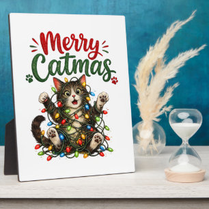 Plaque Photo Joyeux Catmas Drôle Chat Arbre de Noël Lumières Xm