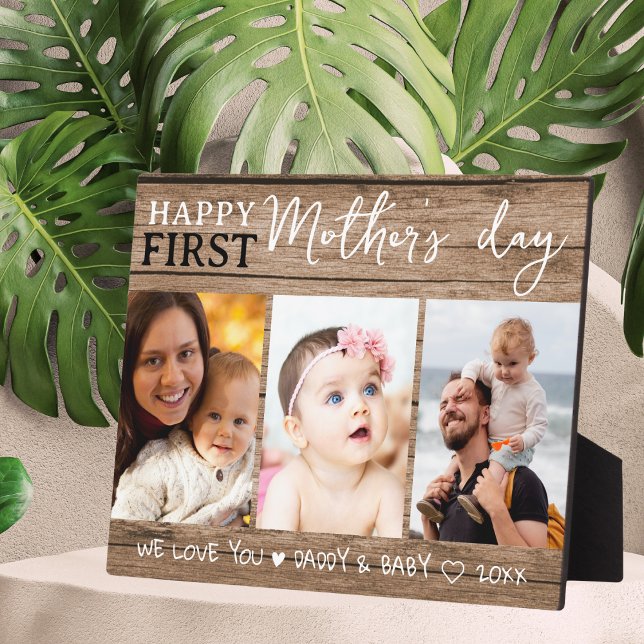 Plaque Photo Joyeux Fête des Mères 3 Photo Collage Wood (Happy First Mother's Day 3 Photo Collage Wood Plaque
)