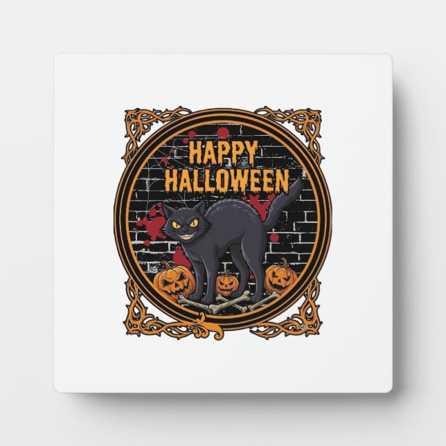 Plaque Photo Joyeux Halloween Chat Noir Citrouilles Os_1 (Devant)