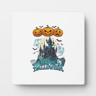 Plaque Photo Joyeux Halloween Château Hanté Citrouilles Fantôme