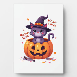 Plaque Photo Joyeux Meow-a-ween - Chouette Chat Sorcière Citrou