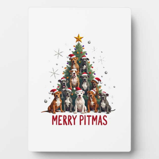 Plaque Photo Joyeux Pitmas Pitbull Chien Pull de Noël Laid Arbr (Devant)