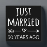 Plaque Photo Just Married 50 Years Ago I<br><div class="desc">Cute design, perfect for anyone who's been married for 50 years and to a wedding vow renewal ceremony. It makes a great matching outfit for couples! 'Just Married 50 Years Ago' quote for a couple who got married 50 years ago or a couple renewing wedding vows on their golden anniversary....</div>