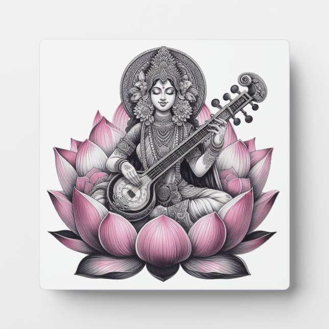 Plaque Photo La déesse Saraswati sur Lotus (Devant)