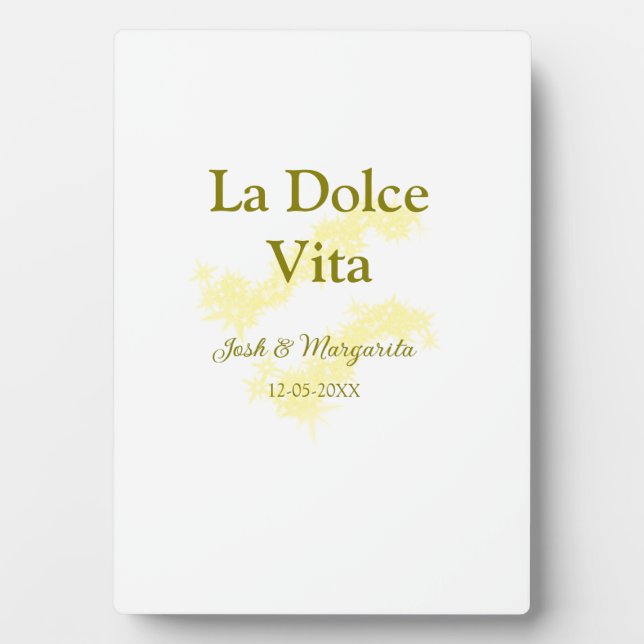 Plaque Photo La Dolce Vita jaune couple marié Nom date paillett (Devant)