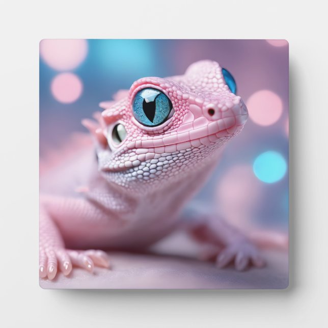 Plaque Photo Lézard rose avec yeux bleus (Devant)