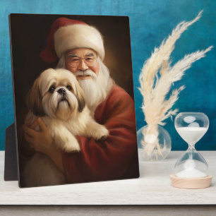 Plaque Photo Lhasa Apso avec le Père Noël Festif de Noël