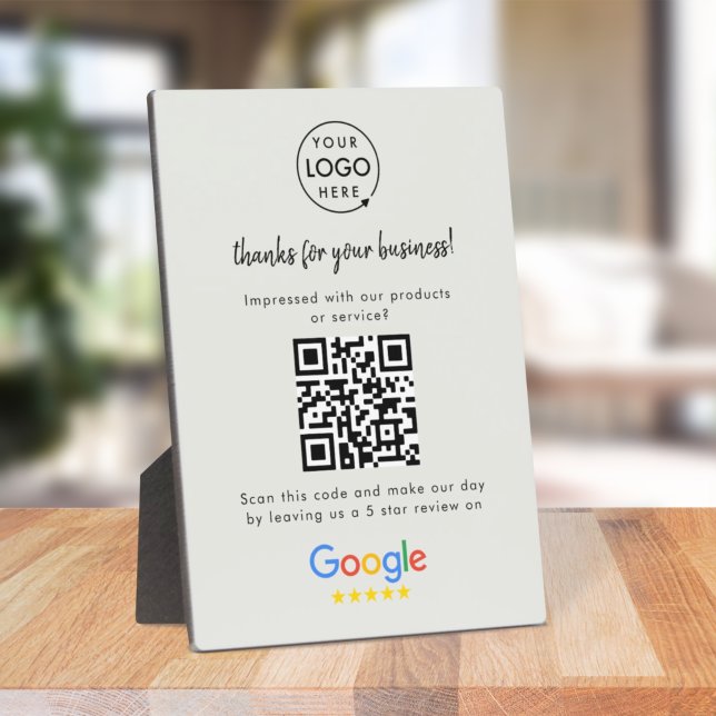 Plaque Photo Lien Google Review | QR Code Gris Business Reviews (Google Review interactive QR code tabletop easel plaque signs branded with your company logo.)