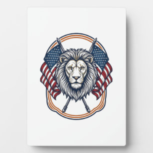 Plaque Photo Lion Patriotique avec Drapeaux Américains Vintage
