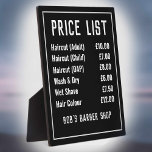 Plaque Photo Liste des prix de la Boutique en coiffure<br><div class="desc">Tarif sur mesure pour un salon de coiffure ou un salon de coiffure. Modifiez les prix comme vous le souhaitez. Affiche jusqu'à 6 articles et prix. Noir et blanc.</div>
