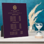 Plaque Photo Logo feuille or violet | Prix de massage spa<br><div class="desc">Un design élégant affiche vos services, liste de prix ou informations commerciales sous un cercle de succursales et de feuilles en faux feuilles d'or et votre nom ou nom d'entreprise. Comprend trois en-têtes personnalisables et des champs de texte corps. Pour ajuster la disposition, entrez votre texte, puis utilisez la fonction...</div>