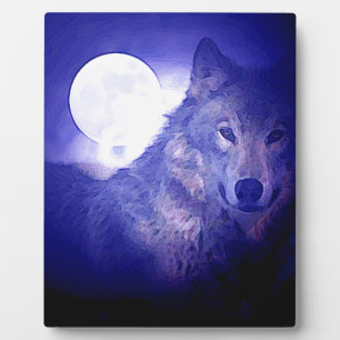 Plaque Photo Loup, Lune et Nuit Bleue