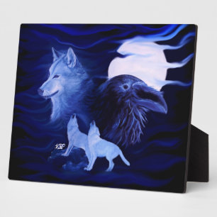 Plaque Photo Loups et corbeau avec pleine lune