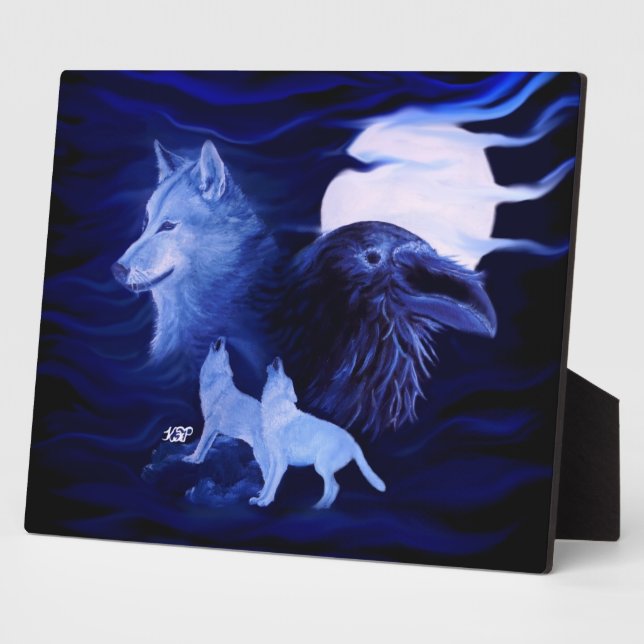 Plaque Photo Loups et corbeau avec pleine lune (Côté)