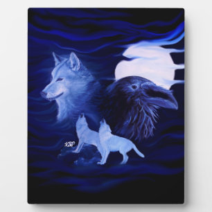 Plaque Photo Loups et corbeau avec pleine lune