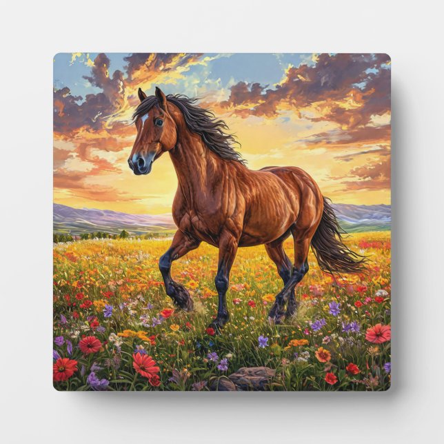 Plaque Photo Magnifique cheval brun en course (Devant)