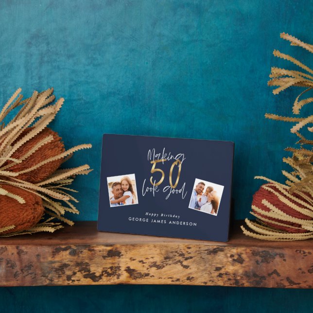 Plaque Photo making 50 look good blue and gold birthday  (Côté)