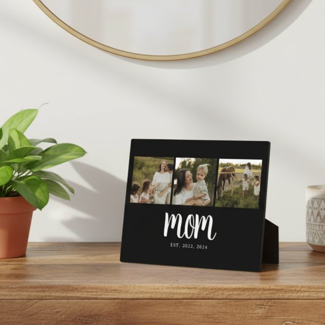 Plaque Photo Maman a établi un script gras moderne noir 3 Photo (modern 3 photo black and white script mom established sign gift idea for mom mothers day christmas )