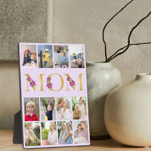Plaque Photo Maman Lettres de fleurs d'or 12 Collage photo vert