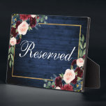 Plaque Photo Mariage Bleu Bois Bourgogne Réservé 5x7 Tableau<br><div class="desc">Aquarelle Rustique Bleu Bois Floral Bourgogne Marsala Bleu Or Cadre Mariage Réservé 5x7 Plaque de table</div>