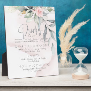 Plaque Photo Mariage Boissons Menu BOHO Foliage Rose Rose